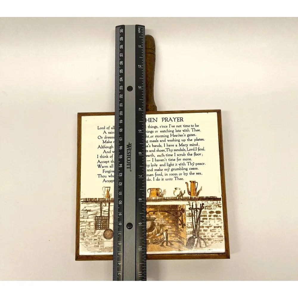 Vintage Mid Century The Kitchen Prayer Wood Framed Ceramic Tile Trivet Japan